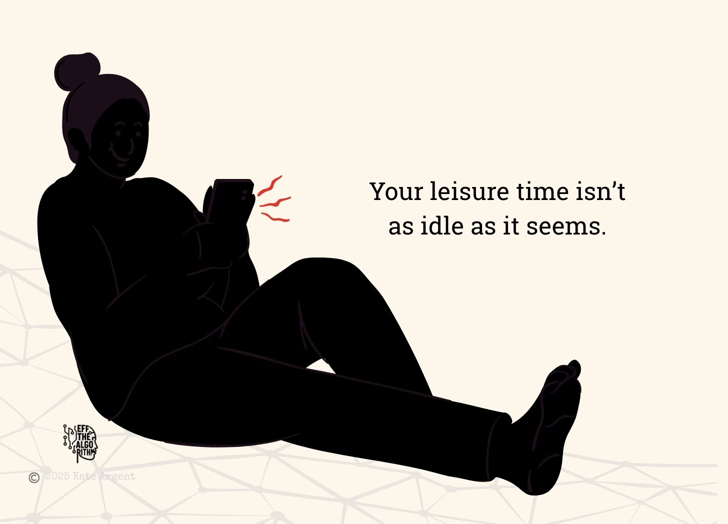 Illustration showing the silhouette of a woman in a relaxed position while the cell phone in her hands radiates stress