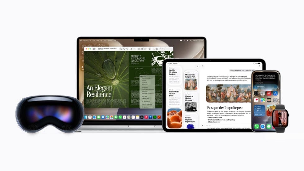 A collection of Apple products, including Apple Vision Pro, MacBook, iPad, iPhone 17 Pro, and Apple Watch, all displaying various interfaces. A collection of Apple products, including Apple Vision Pro, MacBook, iPad, iPhone 17 Pro, and Apple Watch, all displaying various interfaces.