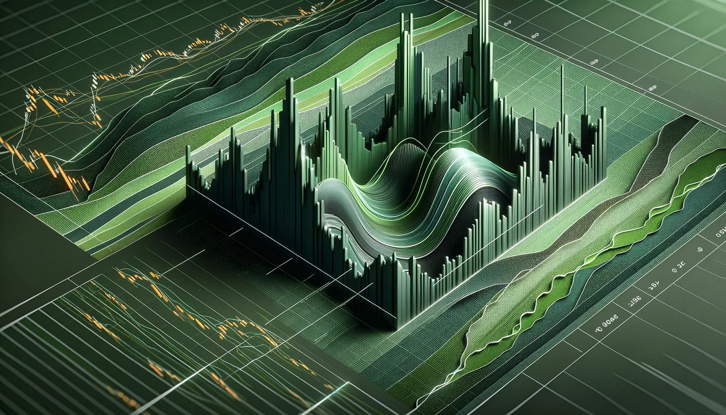 A professional image illustrating the fixed delta concept in financial markets, adhering to a specific color scheme: hex codes 3B5627 (a dark olive green), 90A464 (a muted sage green), and 738B3F (a medium olive green). The focal point is a 3D volatility skew curve, rendered with precision and detail in these specific green tones to symbolize growth and stability. It dynamically changes over time, represented by a series of overlay charts in the same green palette, each showing different stages of volatility pricing. In the background, a vol surface with intricate patterns indicates fluctuation in pricing, subtly blended in these greens. The overall design is sleek and polished, reflecting an understanding of financial concepts while matching the blog's color scheme.
