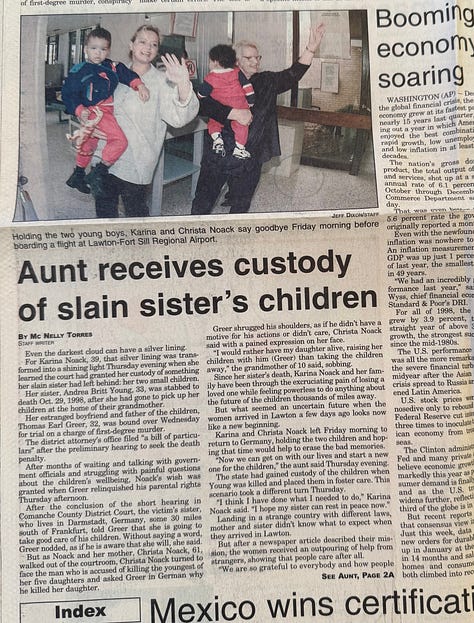 Mc Nelly Torres’ first story after she welcomed Christa and Karina Noack at the Lawton Airport in February 1999 and last story after the Noacks received custody of Andrea Britt Young’s children. The stories narrate how mother and daughter traveled from Germany to Oklahoma to confront the man who killed their loved one and asked the court system to grant custody of the children. Other stories were reports about the preliminary hearing, first-degree murder trial and subsequent conviction. (Mc Nelly Torres | Don’t Forget My Voice)