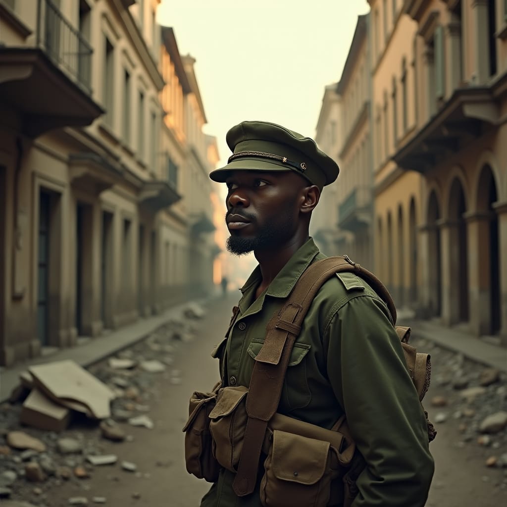 A Jamaican soldier standing proudly in a war-torn European cityscape at the end of World War II, worn combat uniform and cap, victorious yet weary expression, set against a backdrop of ruined buildings and rubble-strewn streets