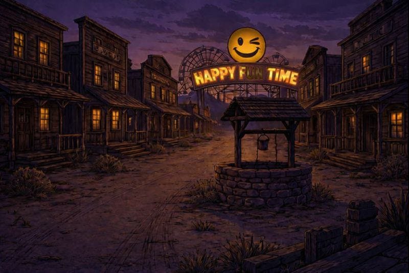 An illustrated western-style ghost town at dusk, with empty wooden storefronts lining a dirt street. A dry stone well sits in the foreground. In the distance, a glowing amusement park sign reads “HAPPY FUN TIME,” topped with a winking smiley face, while the dark silhouettes of carnival rides loom behind it under a purple twilight sky.