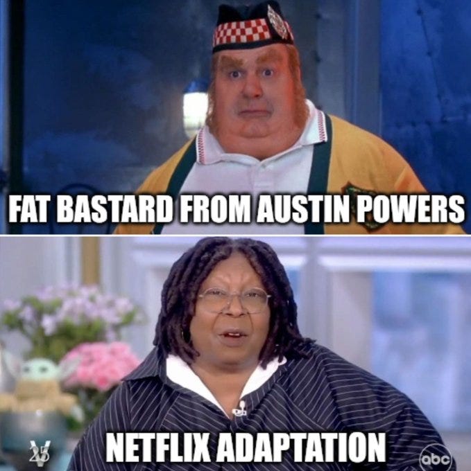 Two images stacked vertically. The top image shows Fat Bastard from Austin Powers, wearing a yellow jacket, white shirt, green suspenders, and a checkered hat. The bottom image shows a person in a dark pinstripe suit and glasses, with flowers visible in the background. Text overlays read "FAT BASTARD FROM AUSTIN POWERS" on the top and "NETFLIX ADAPTATION" on the bottom. An ABC watermark is present in the bottom image.