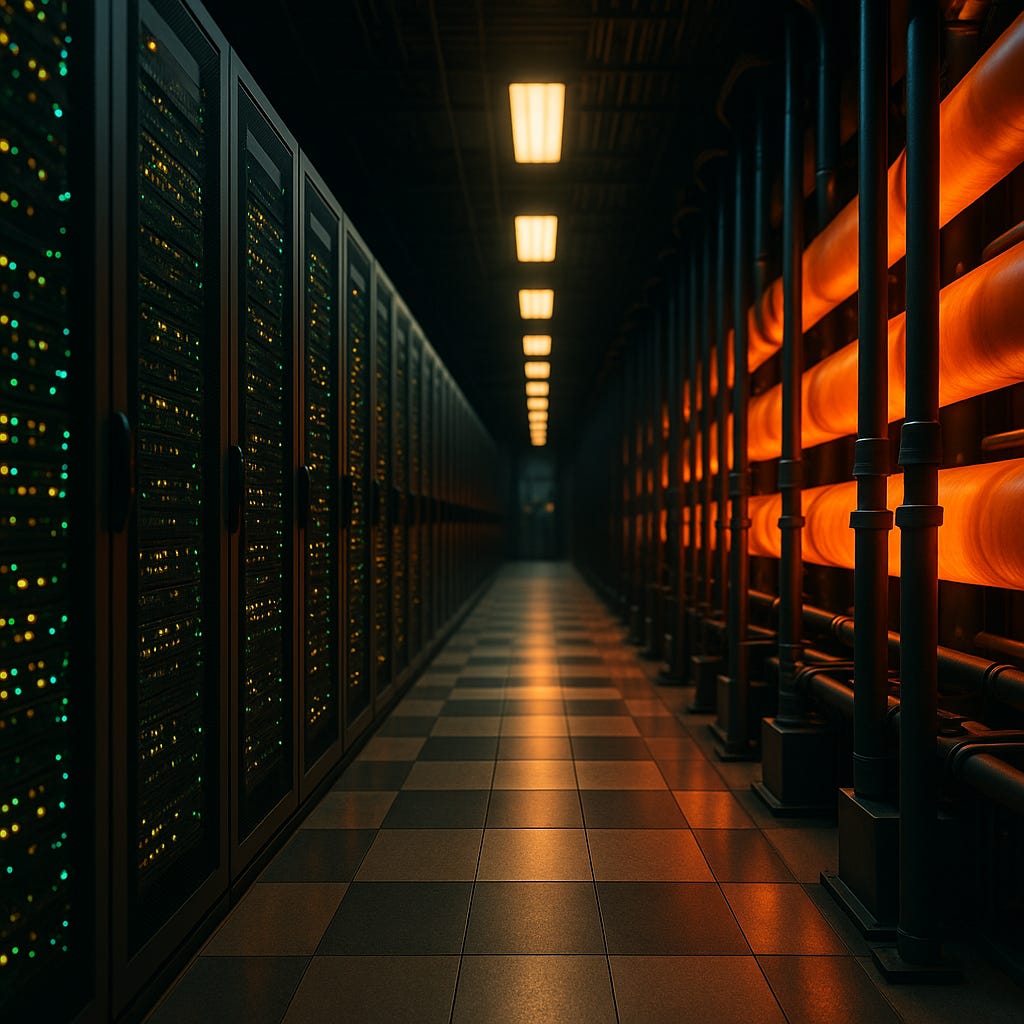 Rows of dark server racks face glowing orange cooling pipes inside a high-tech data center, symbolizing the struggle between computing power and heat management.