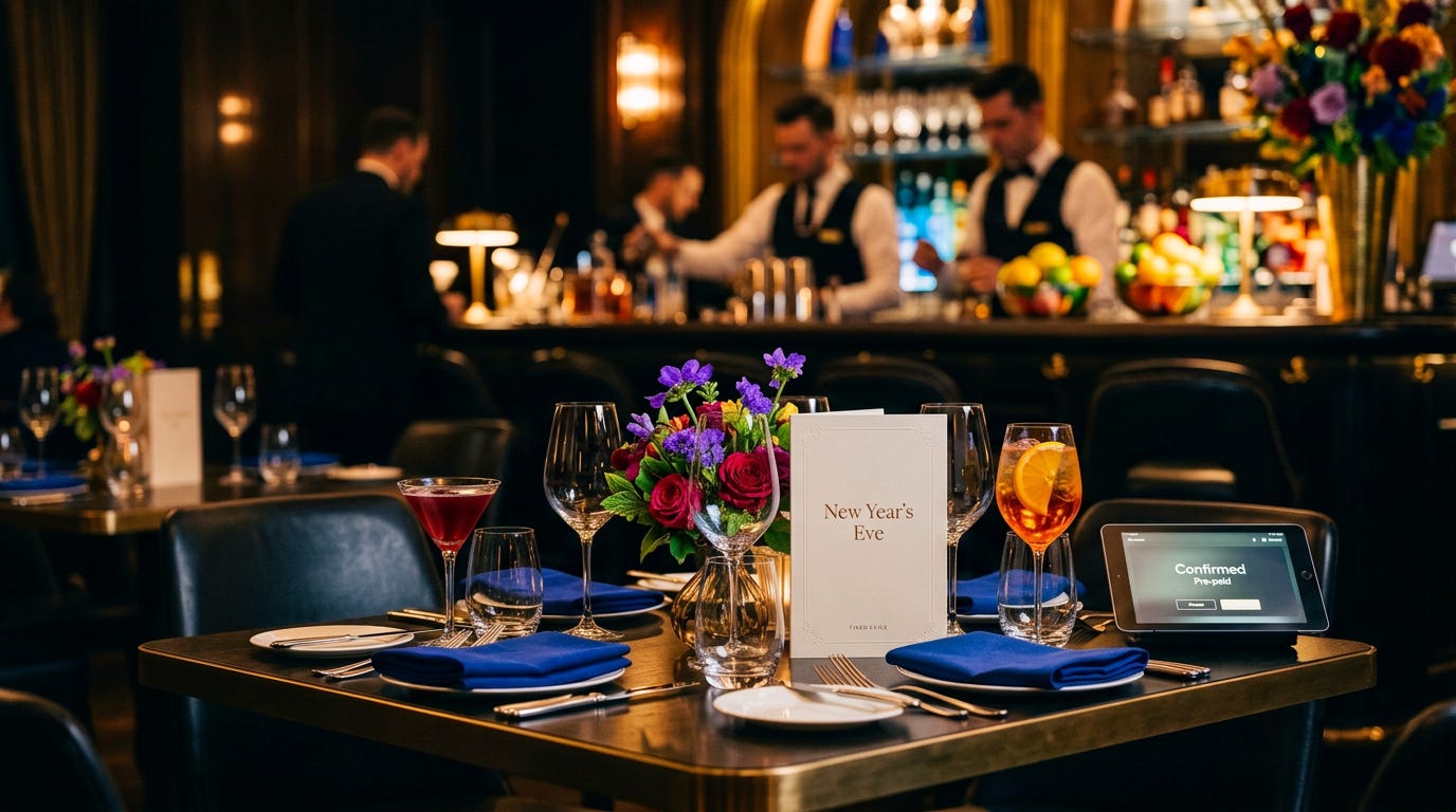 Elegantly set restaurant table prepared for a ticketed New Year's Eve dinner service, illustrating festive margin protection and pre-paid bookings.