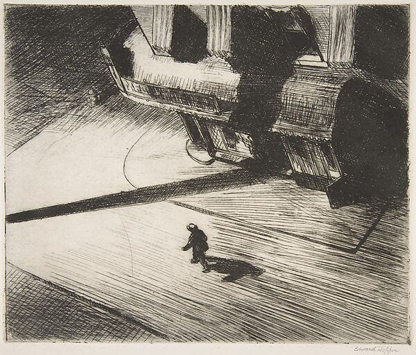 Night Shadows, Edward Hopper (American, Nyack, New York 1882–1967 New York), Etching Night Shadows, Edward Hopper (American, Nyack, New York 1882–1967 New York), Etching
