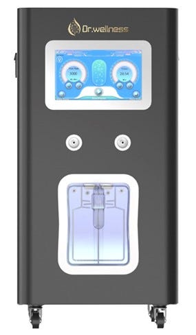 Front view of a sleek black Dr. Wellness hydrogen-oxygen inhalation machine with a touchscreen interface and dual output valves.