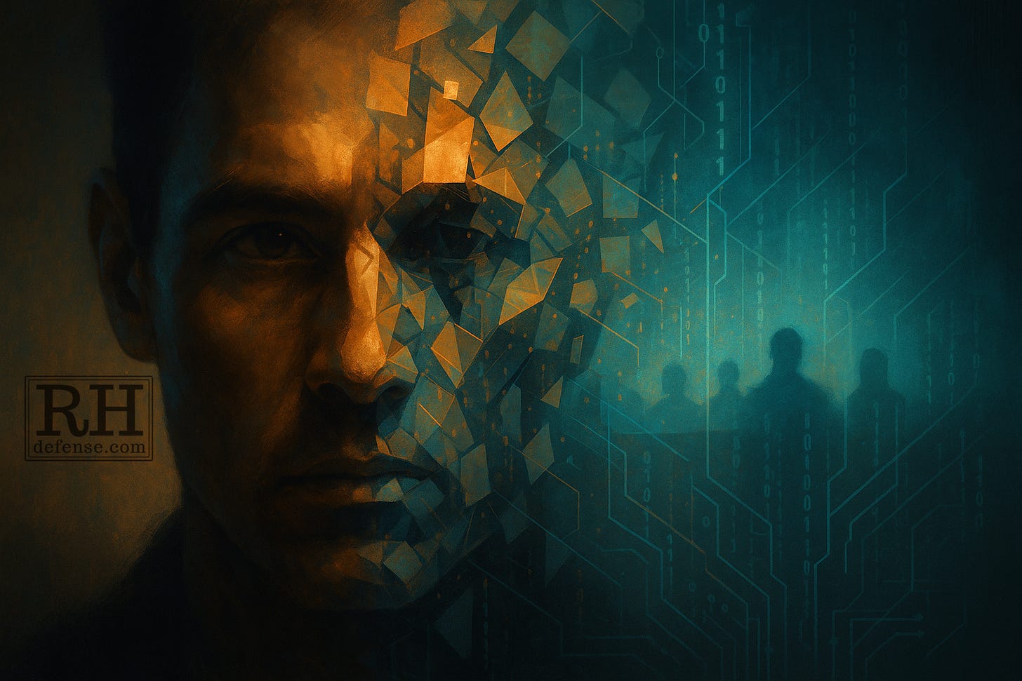 A man’s face, warmly lit in gold, gradually dissolves into teal geometric fragments and streams of code. Within the digital half, shadowy figures appear, faintly evoking a courtroom. The image symbolizes the human mind and justice system turning people into data.