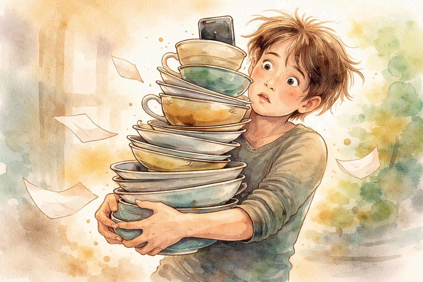 Watercolor illustration of a wide-eyed person holding a tall, unstable stack of bowls and cups, papers drifting around them, capturing the moment of strain and disorientation as they struggle to keep everything from falling.