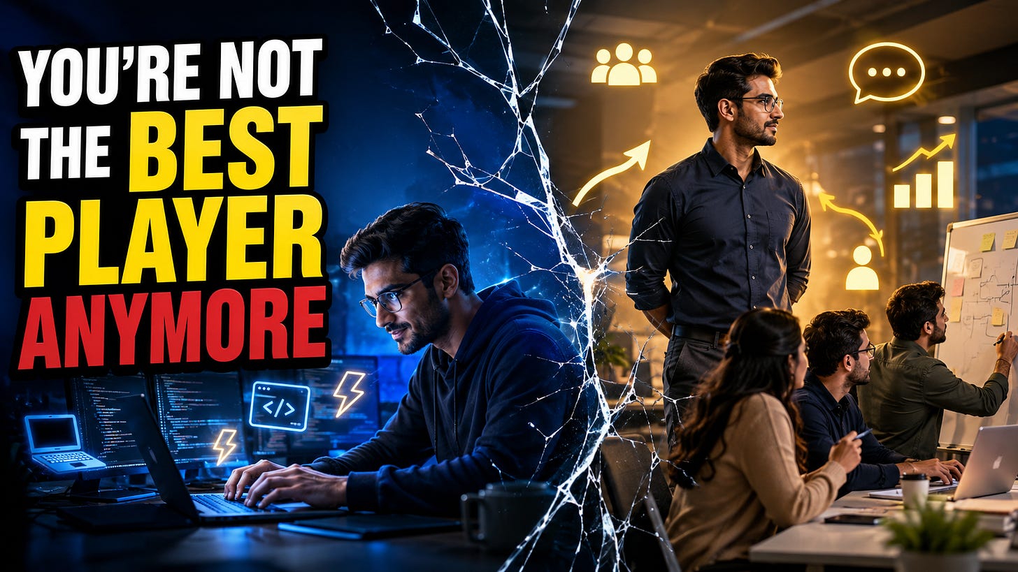 Vertical cinematic illustration of a first-time manager's leadership transformation. The image is split into two halves by a cracked glass effect. On the left, a software engineer confidently codes at a laptop with multiple monitors displaying code, surrounded by icons representing speed, coding, and technical expertise. On the right, the same person has become a manager, standing calmly with hands behind their back while three teammates collaborate around a whiteboard in a modern office. Warm golden lighting contrasts with the cool blue lighting on the engineer side, symbolizing the shift from individual contributor to people leader. The composition represents leadership development, delegation, coaching, team management, first-time manager challenges, career growth, software engineering leadership, and management mindset. Vertical cinematic illustration of a first-time manager's leadership transformation. The image is split into two halves by a cracked glass effect. On the left, a software engineer confidently codes at a laptop with multiple monitors displaying code, surrounded by icons representing speed, coding, and technical expertise. On the right, the same person has become a manager, standing calmly with hands behind their back while three teammates collaborate around a whiteboard in a modern office. Warm golden lighting contrasts with the cool blue lighting on the engineer side, symbolizing the shift from individual contributor to people leader. The composition represents leadership development, delegation, coaching, team management, first-time manager challenges, career growth, software engineering leadership, and management mindset.