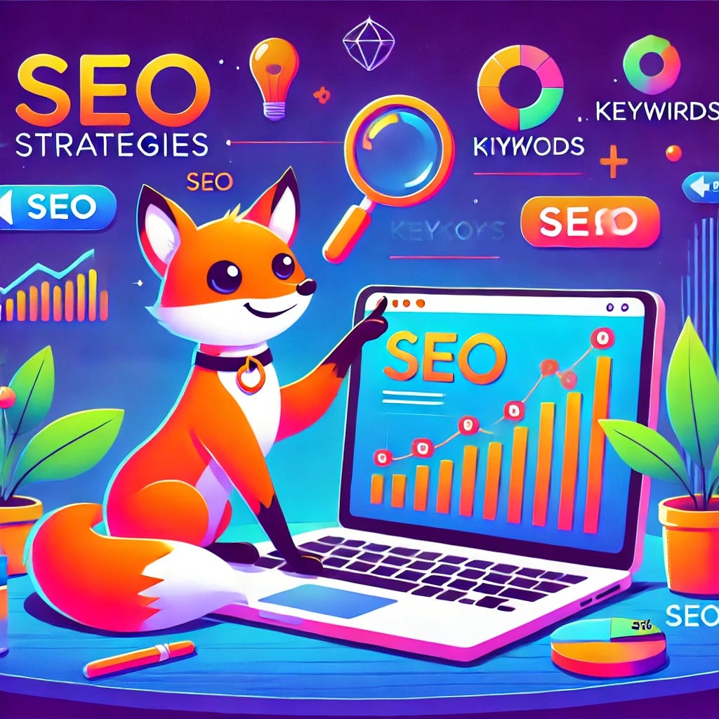 A modern and vibrant illustration of SEO strategies for startups, featuring a playful fox analyzing graphs and keywords on a laptop in a tech startup environment.