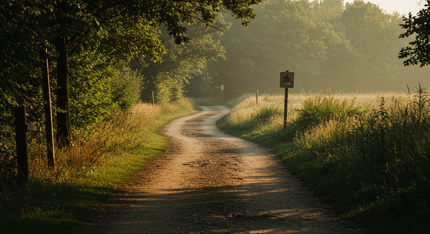 🖼 Image Description: Visual Metaphor for a Narrative Scene: A winding path stretching into the distance through a landscape—maybe a forest trail, a dirt road across hills, or a sidewalk through a quiet neighborhood. The path curves gently, suggesting movement and discovery, but not the full destination. It’s clear someone has walked this before, but no people are visible.  Details: Soft morning or evening light gives the scene warmth. The path is well-worn but not paved. There might be scattered objects along the way—a backpack, a fallen sign, or a footprint—small clues that hint at a story without telling it outright.  Tone: Reflective, personal, and open-ended. It suggests memory, motion, and voice. The kind of image that pairs well with a story that begins, “I still remember…” or “Here’s how it started…”  Alt-text (for accessibility): "A winding dirt path through trees and soft light. No people are visible, but the trail suggests a journey in progress."