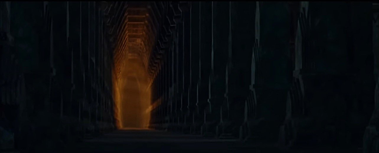 The flames of the Balrog lighting up the  pillars of Moria.