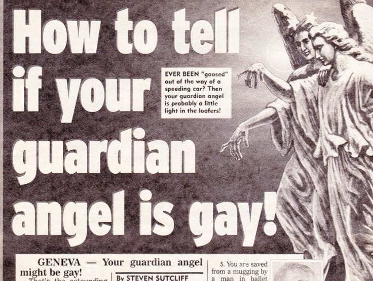 This may contain: an old newspaper advertisement with the words how to tell if your guardian angel is gay