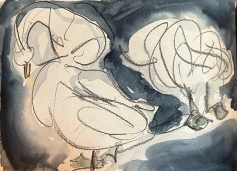 Watercolor sketch of the rue Montorgeuil is Paris, of the Pont Neuf, and four sketches of preening swans.