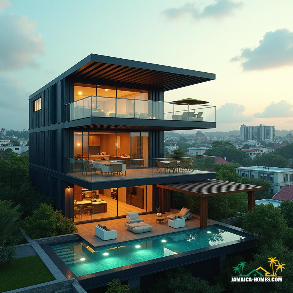 A three-story container home in Kingston, Jamaica, with bold, angular lines and unconventional module stacking, featuring cantilevered sections with glass-walled balconies, a rooftop recreational area with a small pool