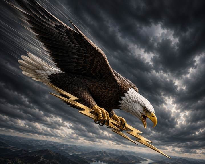 The image depicts a majestic eagle soaring above a dramatic, stormy mountain landscape with its wings outstretched.

AI-generated content may be incorrect.