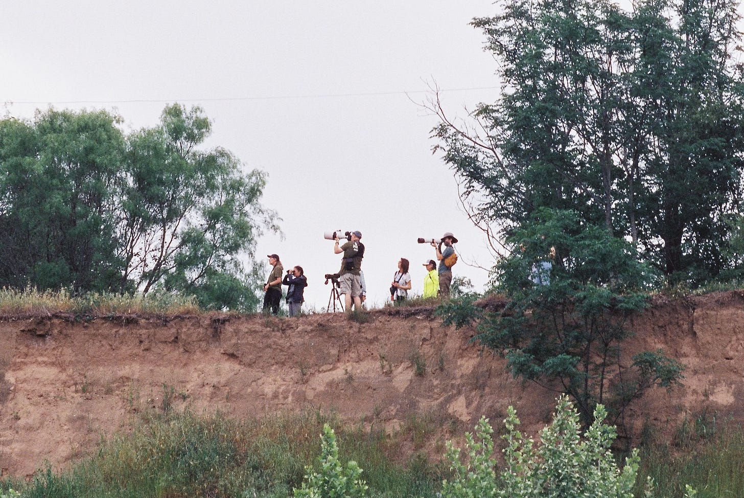 Birders on a river overlook with zoom lenses and binoculars