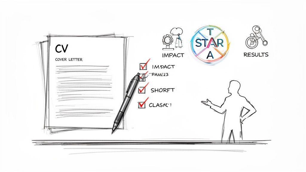 Illustration of CV, cover letter, checklist, STAR method, impact, and results, related to job applications. Illustration of CV, cover letter, checklist, STAR method, impact, and results, related to job applications.