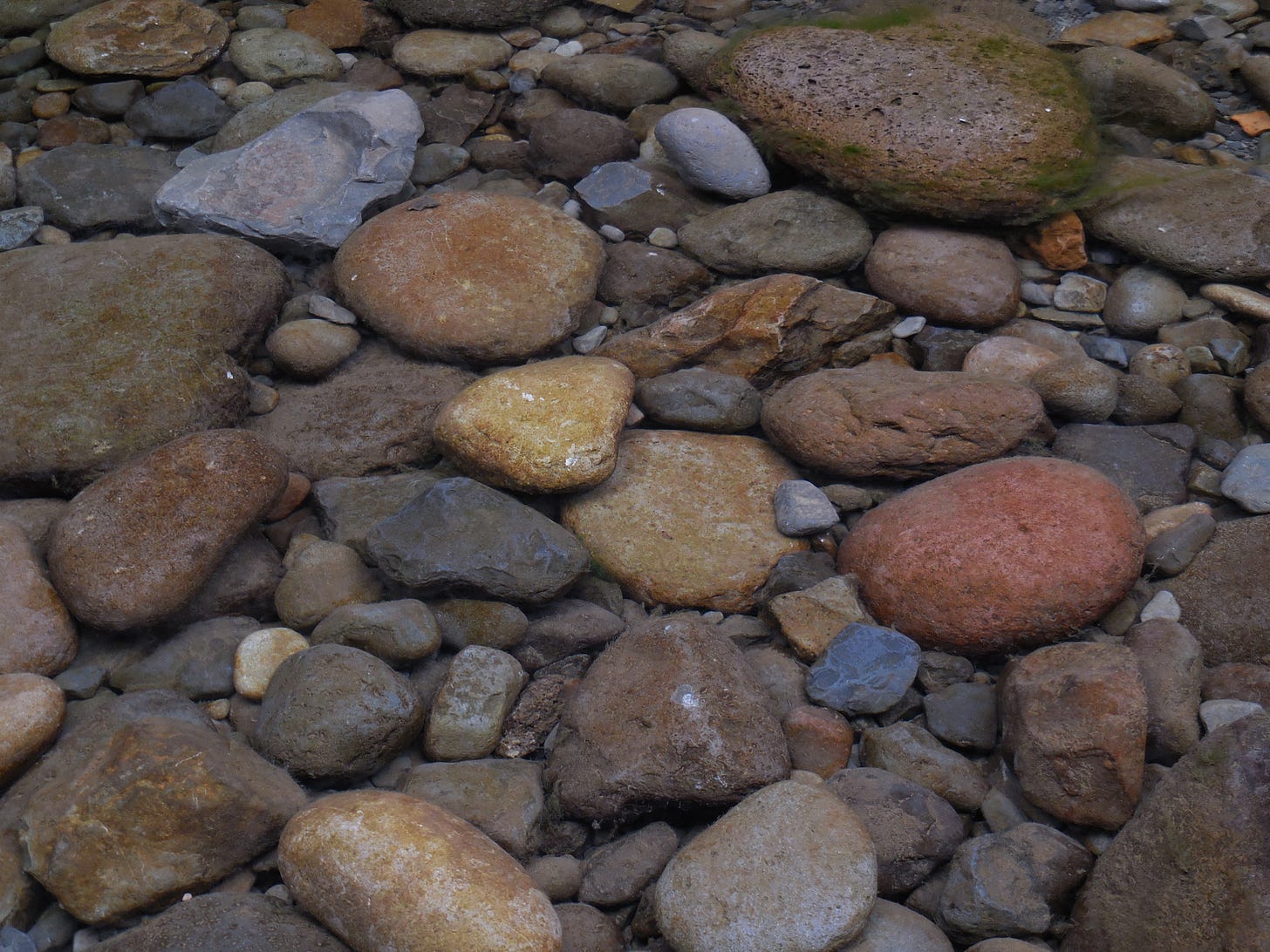 Rocks of different sizes and colors in a stream.