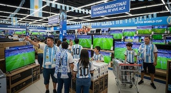 Personas con camisetas de Argentina en una tienda de electrónica llena de televisores que muestran un partido de fútbol, con banderas argentinas colgando. Personas con camisetas de Argentina en una tienda de electrónica llena de televisores que muestran un partido de fútbol, con banderas argentinas colgando.