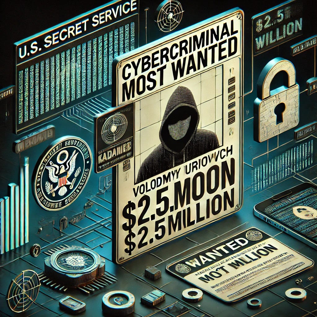 A detailed 3D-style image representing a cybersecurity blog post about the U.S. Secret Service's $2.5 million bounty for the capture of a top cybercriminal, Volodymyr Iuriyovych Kadariya. The image should include elements like a digital 'Wanted' poster with the hacker's silhouette and a reward sign prominently displayed. Surrounding the poster, there should be symbols of cybersecurity, such as a shield, a padlock, and binary code streaming in the background. The overall atmosphere should be tense, with a dark, moody color scheme that highlights the seriousness of the cybercrime topic. The text 'Cybercriminal Most Wanted' should be subtly incorporated into the design.