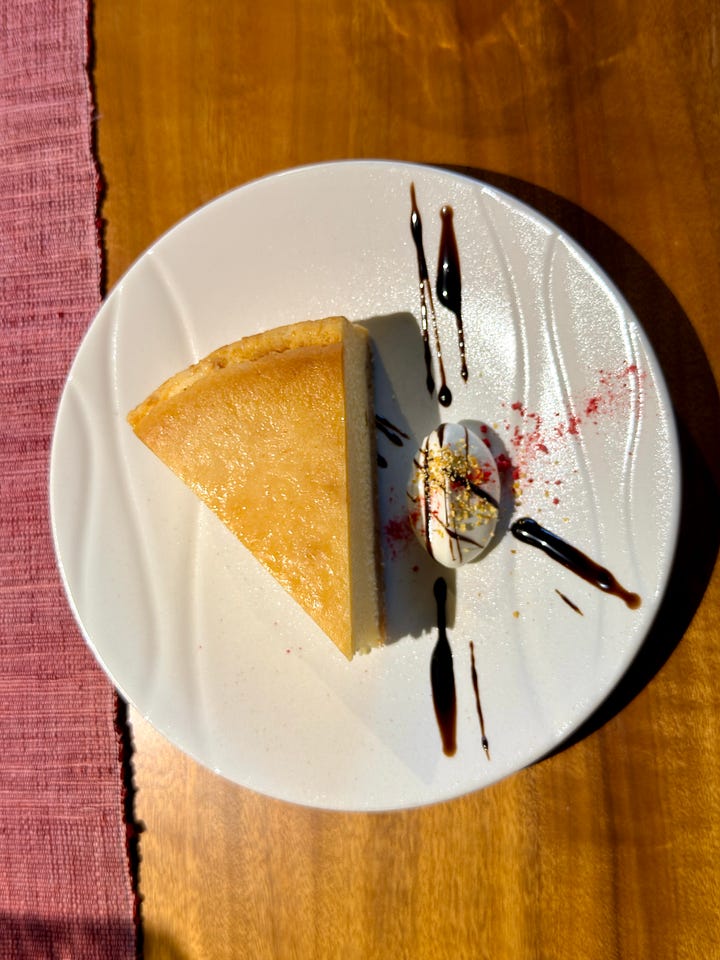 Coffee and dessert (apple pie, cheesecake, pour over coffee, and a craft coffee drink)