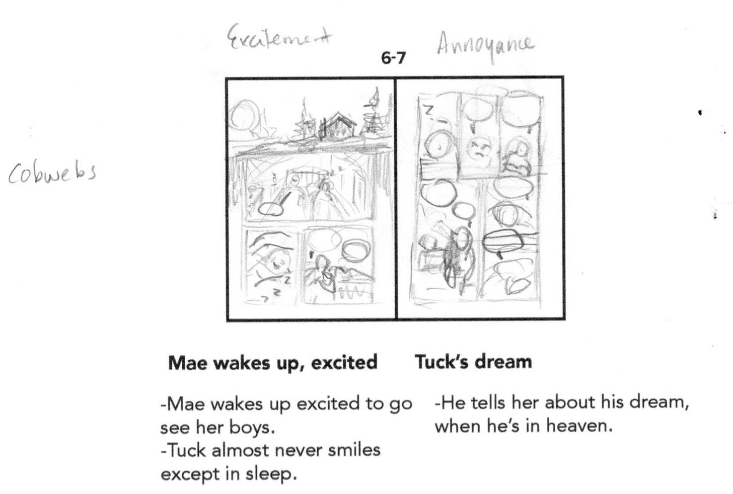 Black and white process photo of graphic novelist K. Woodman-Maynard’s thumbnail process for her graphic novel adaptation of Natalie Babbitt’s Tuck Everlasting. 