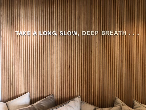 Cacti against blue sky, blonde woman in pink shirt, calm sunny lobby, and a sign that reads, "Take a long, slow, deep breath."