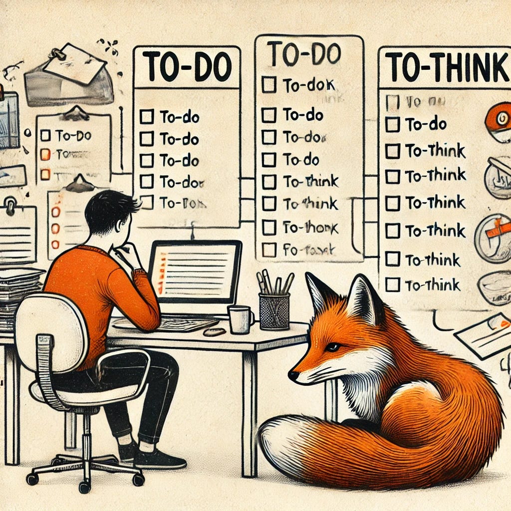 An artistic illustration of a person sitting at a desk, organizing tasks into 'To-Do' and 'To-Think' lists. A small fox is curled up on the desk, observing the process.