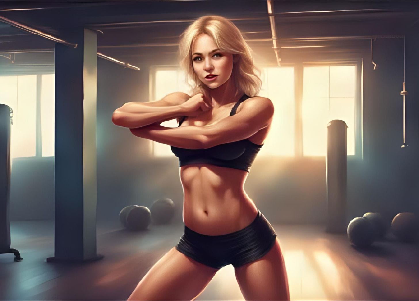 A beautiful, slender, fit woman with blonde hair and brown eyes wears short, skin-tight shorts and a sports bra in a gym. She is performing self-defense moves. A beautiful, slender, fit woman with blonde hair and brown eyes wears short, skin-tight shorts and a sports bra in a gym. She is performing self-defense moves.