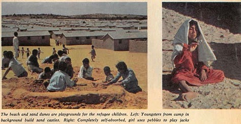 A photo series by David Douglas Duncan depicting life in Gaza’s refugee camps in 1956. Images include men sitting outside makeshift huts near the Mediterranean; workers dyeing thread for scarce income; women protesting rationing; boys studying along the roadside; injured children comforted at a local hospital; children building sand castles and playing jacks on the beach; women carrying sand from the sea for construction; and a man salvaging metal lids for reuse. Together, these images portray the resilience and resourcefulness of a displaced people enduring life under siege.