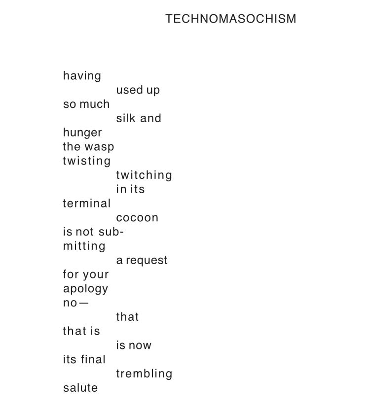 TECHNOMASOCHISM // having / used up / so much / silk and / hunger / the wasp / twisting / twitching / in its / terminal / cocoon / is not sub- / mitting / a request / for your / apology / no— / that / that is / is now / its final / trembling / salute TECHNOMASOCHISM // having / used up / so much / silk and / hunger / the wasp / twisting / twitching / in its / terminal / cocoon / is not sub- / mitting / a request / for your / apology / no— / that / that is / is now / its final / trembling / salute