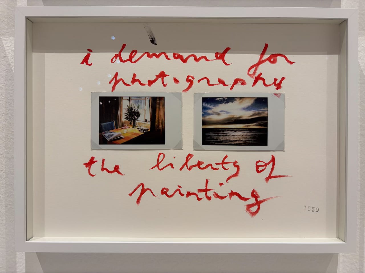 a frame from Daniel Blaufuks' exhibition The Days are Numbered. The frame includes polaroids and the text 'i demand for photography the liberty of painting.'