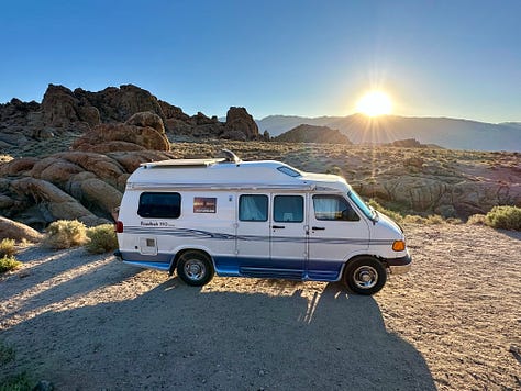 Photos of the Alabama Hills, Whitney Portal, and Lone Pine Lake including Liz and dogs