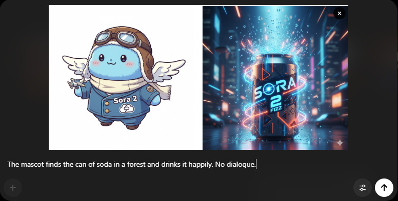 Side-by-side images showing the cute blue Sora 2 mascot in aviator gear and a glowing neon “Sora 2 Fizz” soda can, above a caption about the mascot finding the can in a forest and drinking it happily without dialogue.
