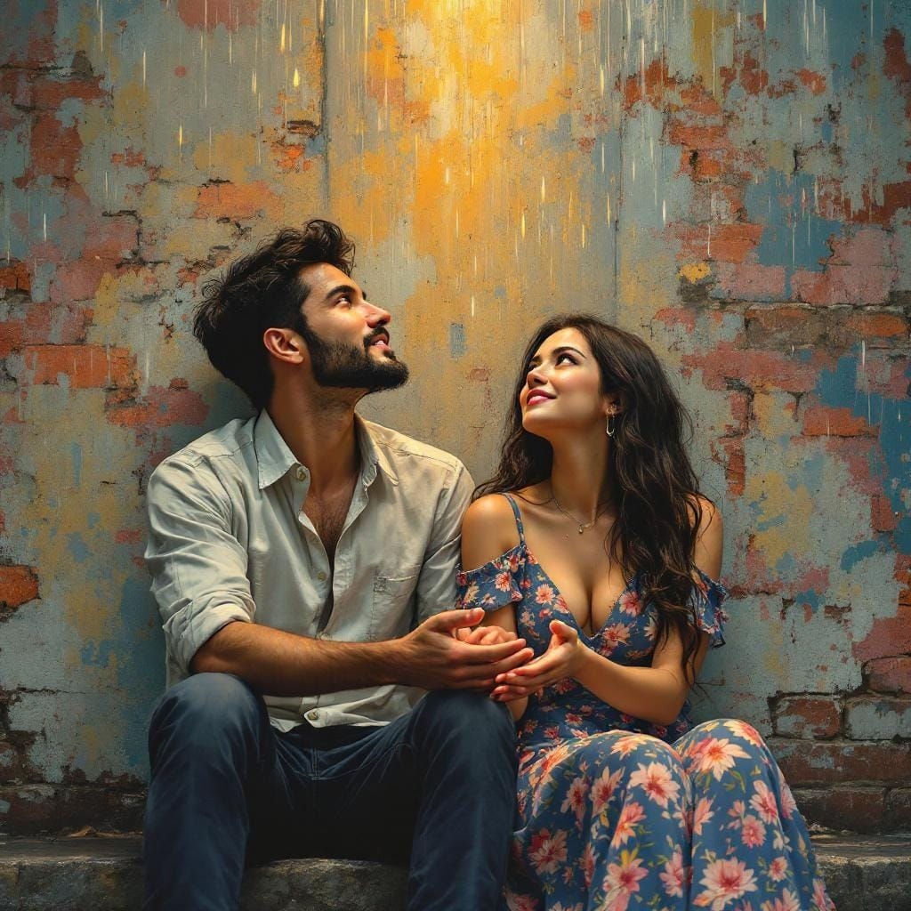A man and woman in love sit together with their backs against a brick wall. As they look to the sky raindrops land in th...