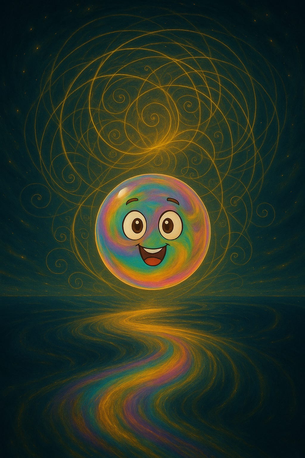 A vibrant, highly detailed digital painting features a radiant, anthropomorphic spherical wavelet with expressive eyes and a joyful smile. Its iridescent surface shimmers with rainbow hues. Surrounding it are intricate golden spirals of light, emerging from the dark cosmic background. Below, a glowing, multicoloured pathway of light flows like a river, connecting the wavelet to the infinite space. A vibrant, highly detailed digital painting features a radiant, anthropomorphic spherical wavelet with expressive eyes and a joyful smile. Its iridescent surface shimmers with rainbow hues. Surrounding it are intricate golden spirals of light, emerging from the dark cosmic background. Below, a glowing, multicoloured pathway of light flows like a river, connecting the wavelet to the infinite space.
