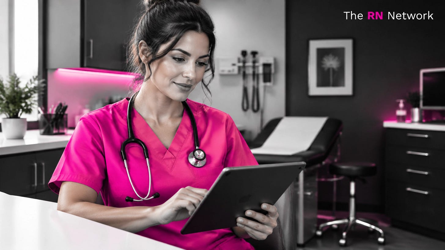 A nurse in pink scrubs reviews career options on a tablet in an outpatient clinic, with The RN Network logo