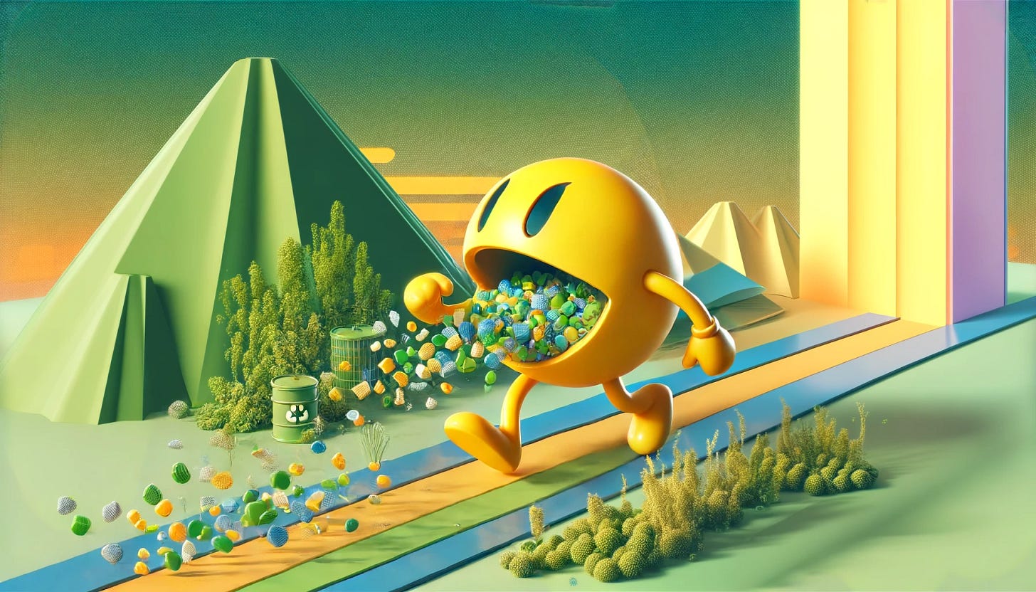 A 2D digital art scene featuring a classic yellow, circular character with an open mouth, reminiscent of an iconic retro arcade game character. The character is munching through a trail of small, stylized plastic debris, representing microplastics. The background consists of layers with a parallax effect, showcasing an eco-friendly landscape with vibrant green plants and numerous futuristic recycling structures. Soft pastel mountains and a dawn or dusk sky create depth in the background, with a textured grain filter adding sophistication. The color palette includes greens, blues, purples, and touches of earthy orange-brown hues, symbolizing innovation and environmental stewardship.