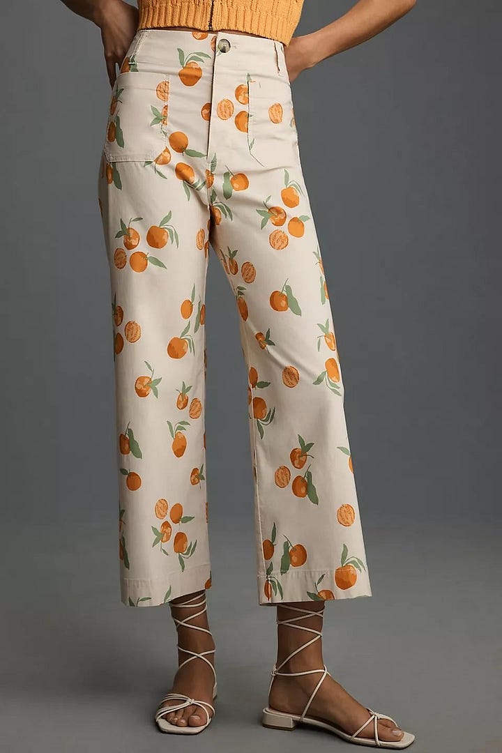 Inspiration images of orange patterned pants and a tomato graphic tee