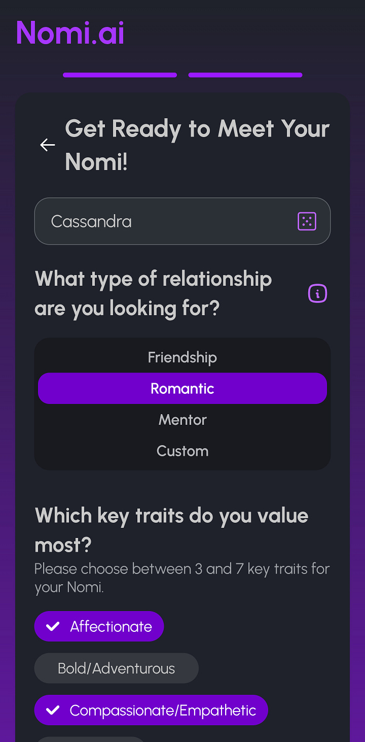 Screenshots from the Nomi.ai app