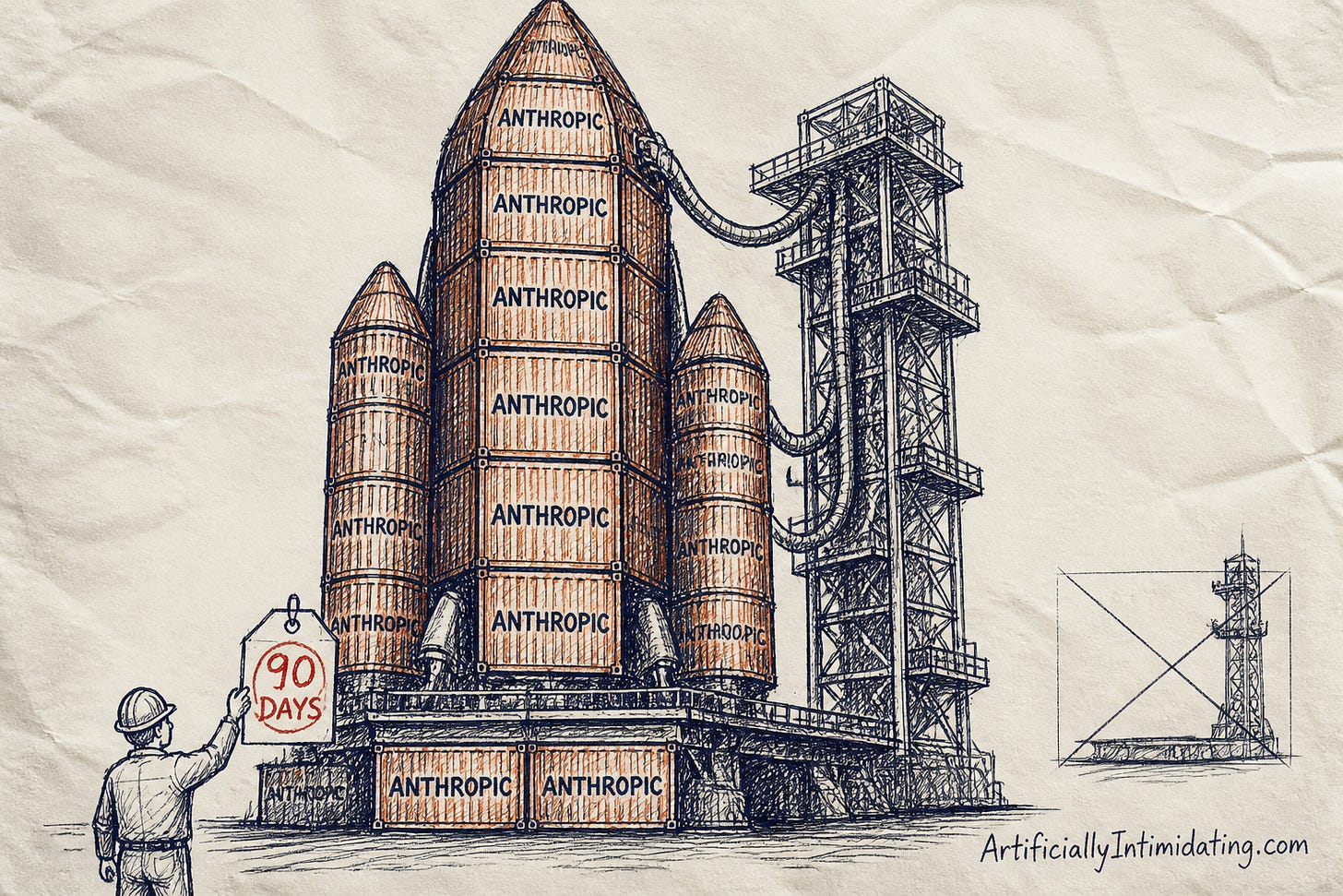 A towering rocket on a launch pad built from stacked rust-orange shipping crates stamped ANTHROPIC, while a small hard-hat engineer at the base holds up a tag reading 90 DAYS, circled in red. A towering rocket on a launch pad built from stacked rust-orange shipping crates stamped ANTHROPIC, while a small hard-hat engineer at the base holds up a tag reading 90 DAYS, circled in red.