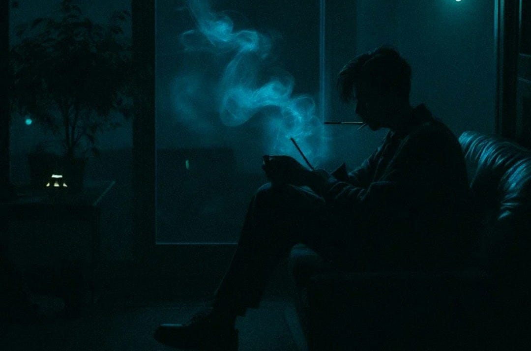 a man sitting on a couch in a dark room a man sitting on a couch in a dark room