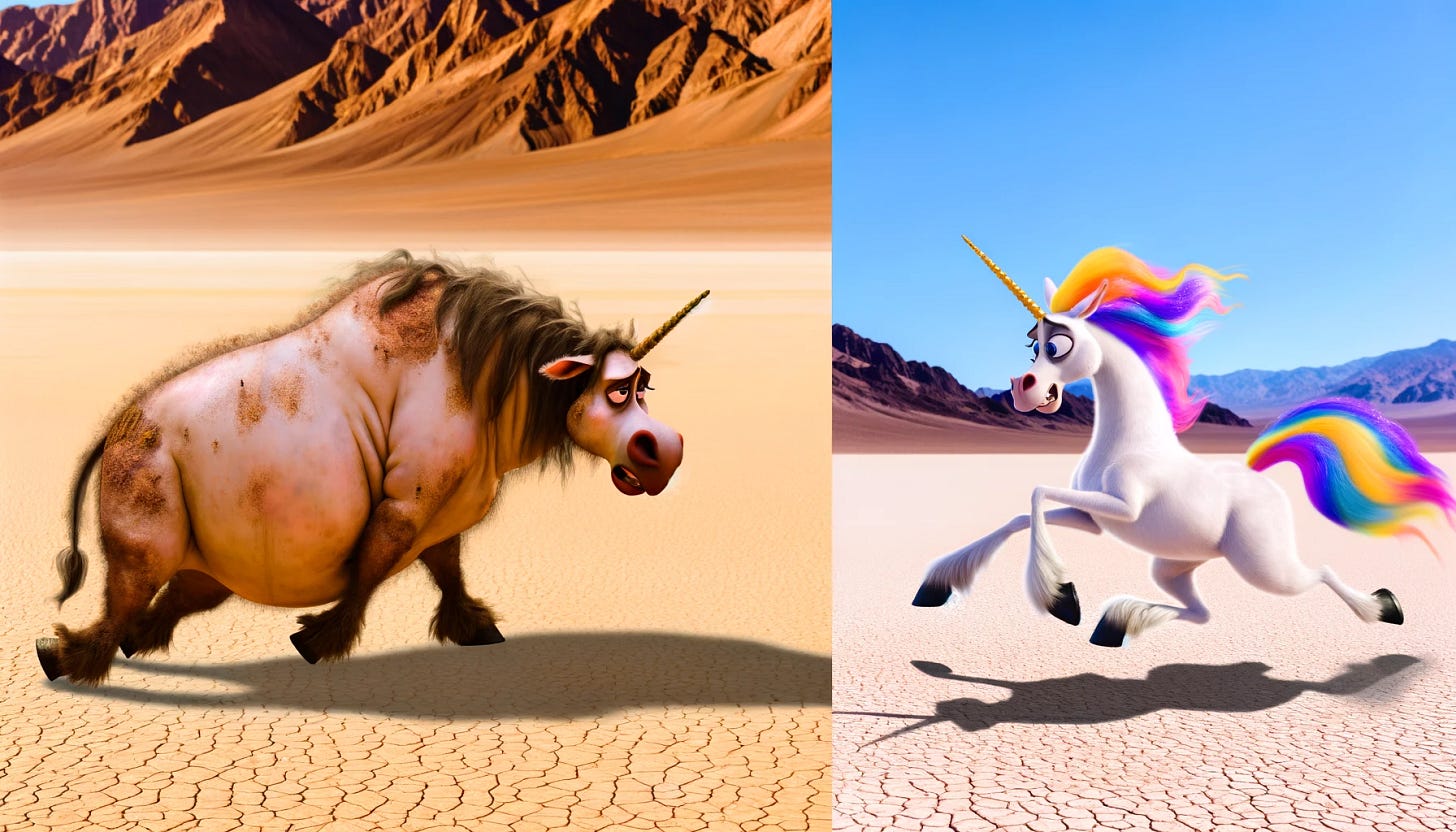 Create a cohesive scene in a Pixar-inspired style, featuring two unicorns in Death Valley moving in the same direction. On the left, a weary, plump unicorn trudges slowly, its body language heavy with exhaustion and thirst, its mane unkempt and its head lowered in fatigue. The harsh desert sun accentuates its struggle, casting long shadows and highlighting the arid surroundings. On the right, parallel to the first, a vibrant, joyful unicorn bounds forward with energy and optimism. This unicorn's mane is bright and flowing, its steps light and full of life, contrasting sharply with its companion's labored movement. Both are set against the backdrop of the desert, moving from a stark, inhospitable landscape towards a slightly more forgiving environment, suggesting a journey of perseverance and contrast between despair and hope. Create a cohesive scene in a Pixar-inspired style, featuring two unicorns in Death Valley moving in the same direction. On the left, a weary, plump unicorn trudges slowly, its body language heavy with exhaustion and thirst, its mane unkempt and its head lowered in fatigue. The harsh desert sun accentuates its struggle, casting long shadows and highlighting the arid surroundings. On the right, parallel to the first, a vibrant, joyful unicorn bounds forward with energy and optimism. This unicorn's mane is bright and flowing, its steps light and full of life, contrasting sharply with its companion's labored movement. Both are set against the backdrop of the desert, moving from a stark, inhospitable landscape towards a slightly more forgiving environment, suggesting a journey of perseverance and contrast between despair and hope.