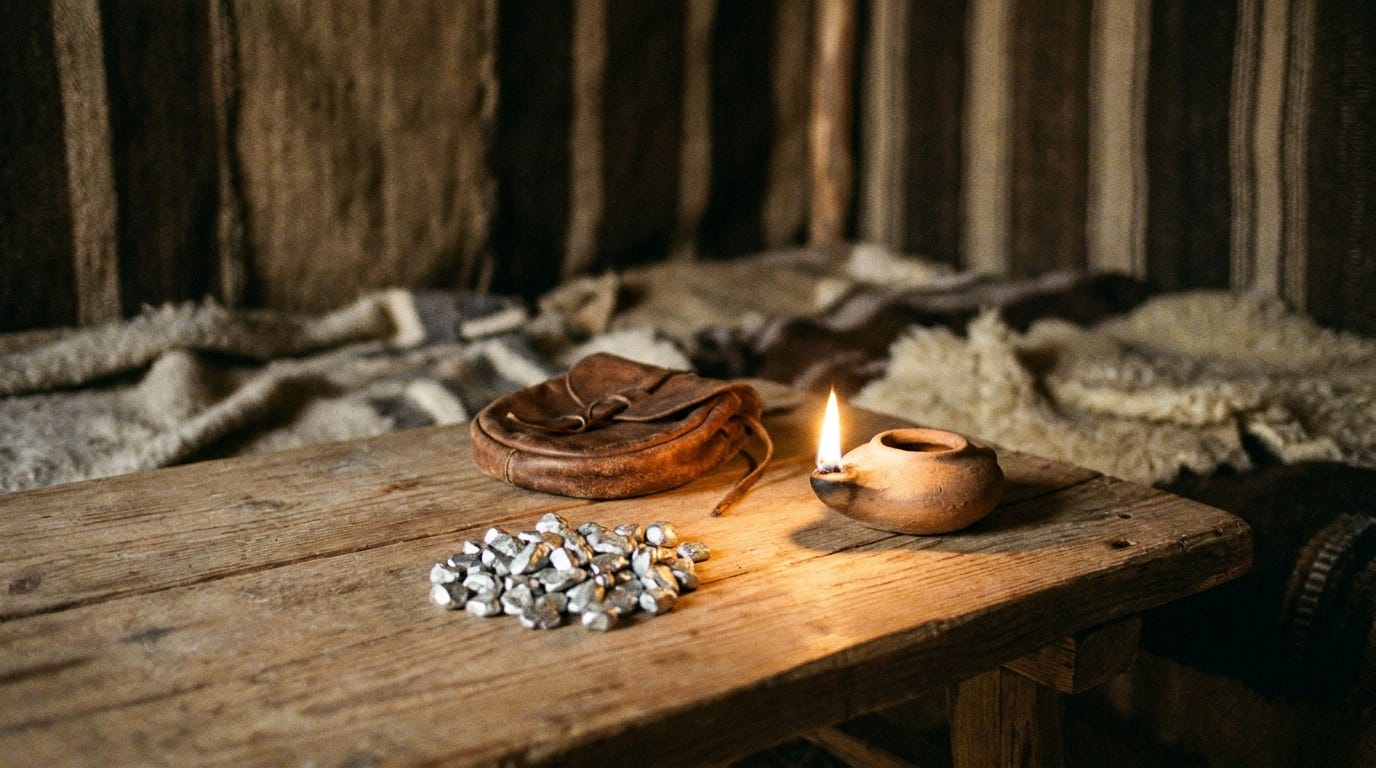 A small pile of silver weighing stones and a clay lamp on a wooden table beside a coiled leather purse, warm lamplight, no text, no faces