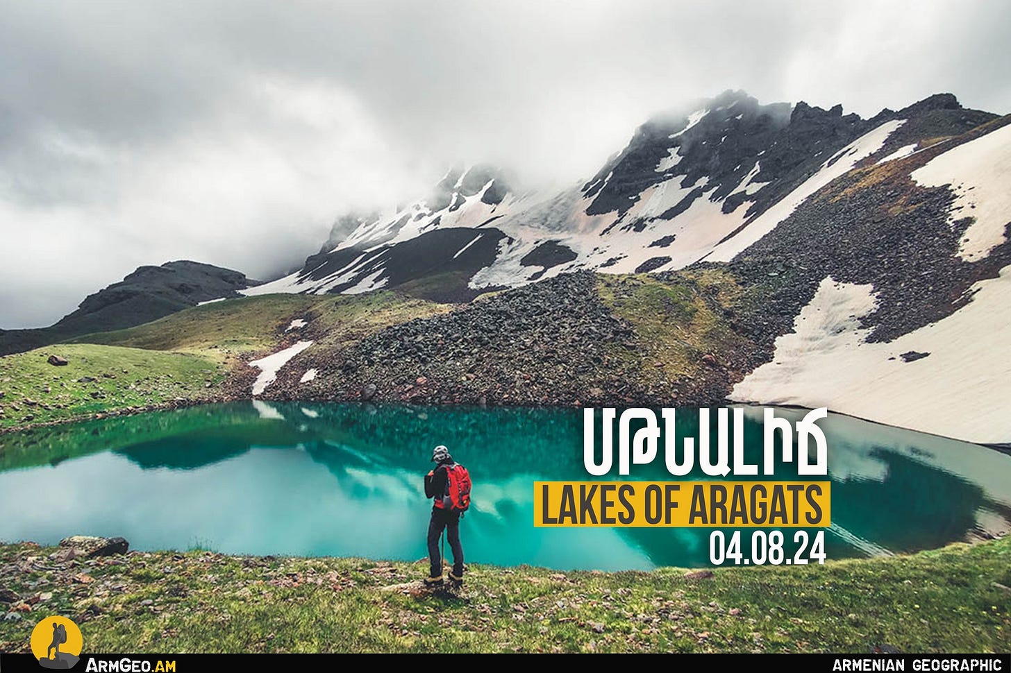 May be an image of 1 person, mountain, lake, crater and text