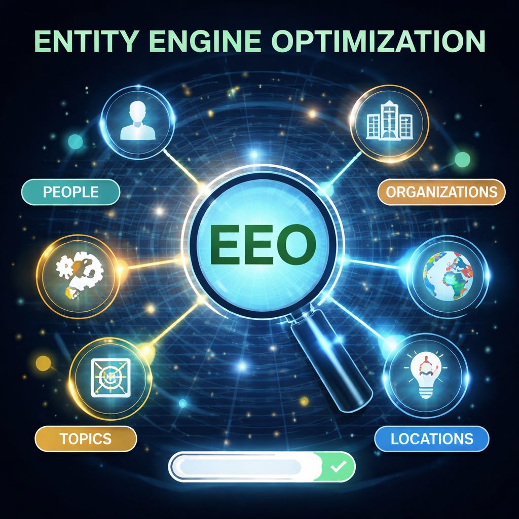 Diagram of Entity Engine Optimization linking people, organizations, topics, and locations in a search knowledge graph