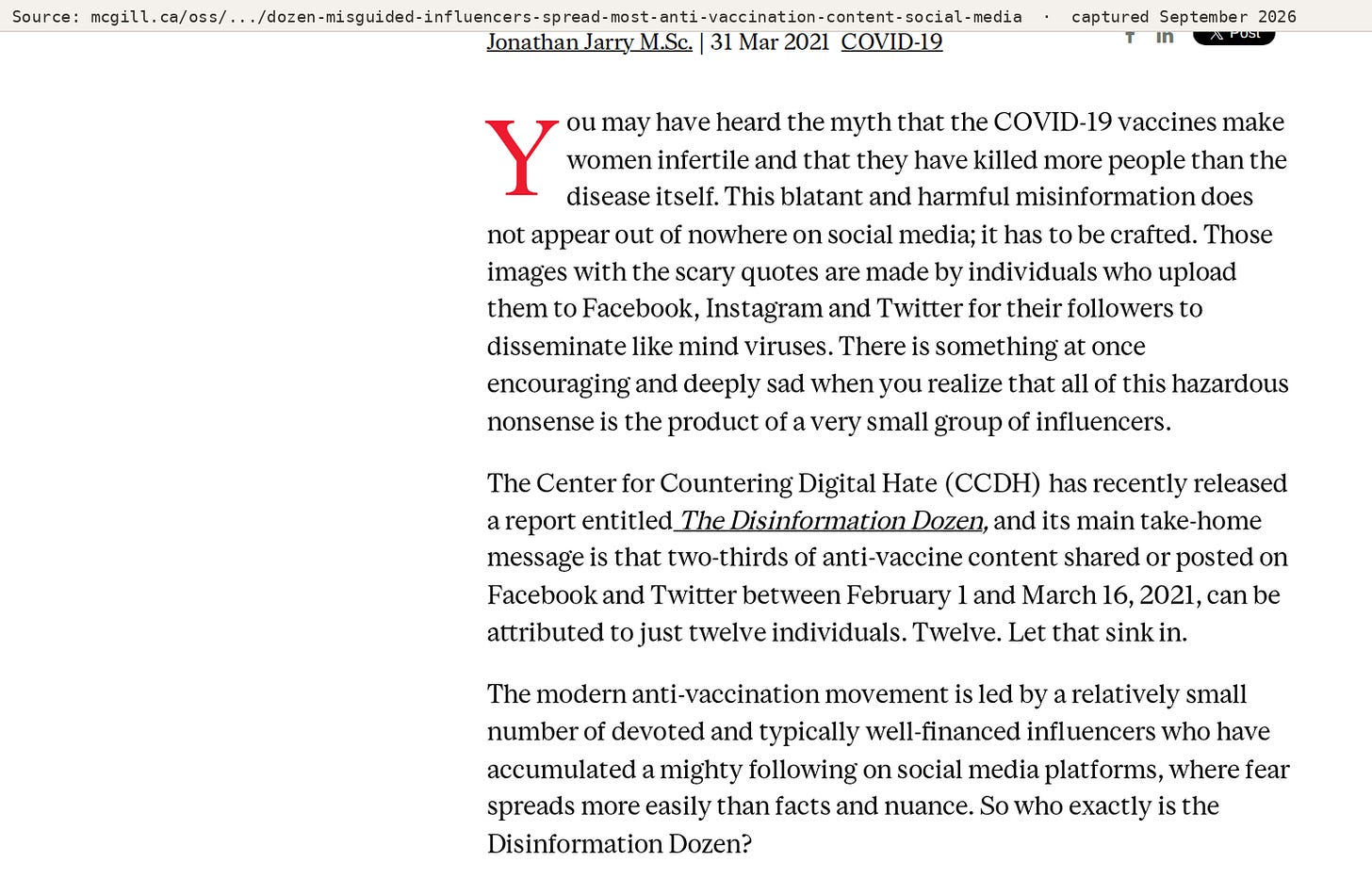 McGill OSS Disinformation Dozen article passage stating two-thirds of anti-vaccine content can be attributed to twelve individuals, with the line Twelve. Let that sink in.