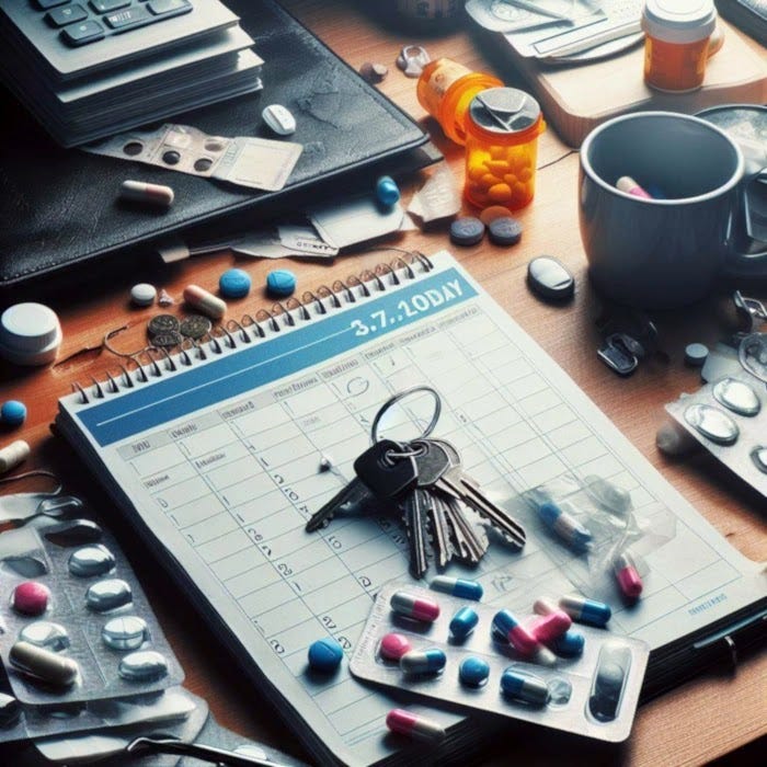 This scene hints at a possible lack of organization, implying that the owner might be forgetful or having difficulty keeping things in order. A messy desk filled with an assortment of everyday items creates an impression of chaos and disarray.
